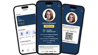 Bild med tre frilagda mobiltelefoner, med bild från appen Freja+ och Golf-ID-kortet.