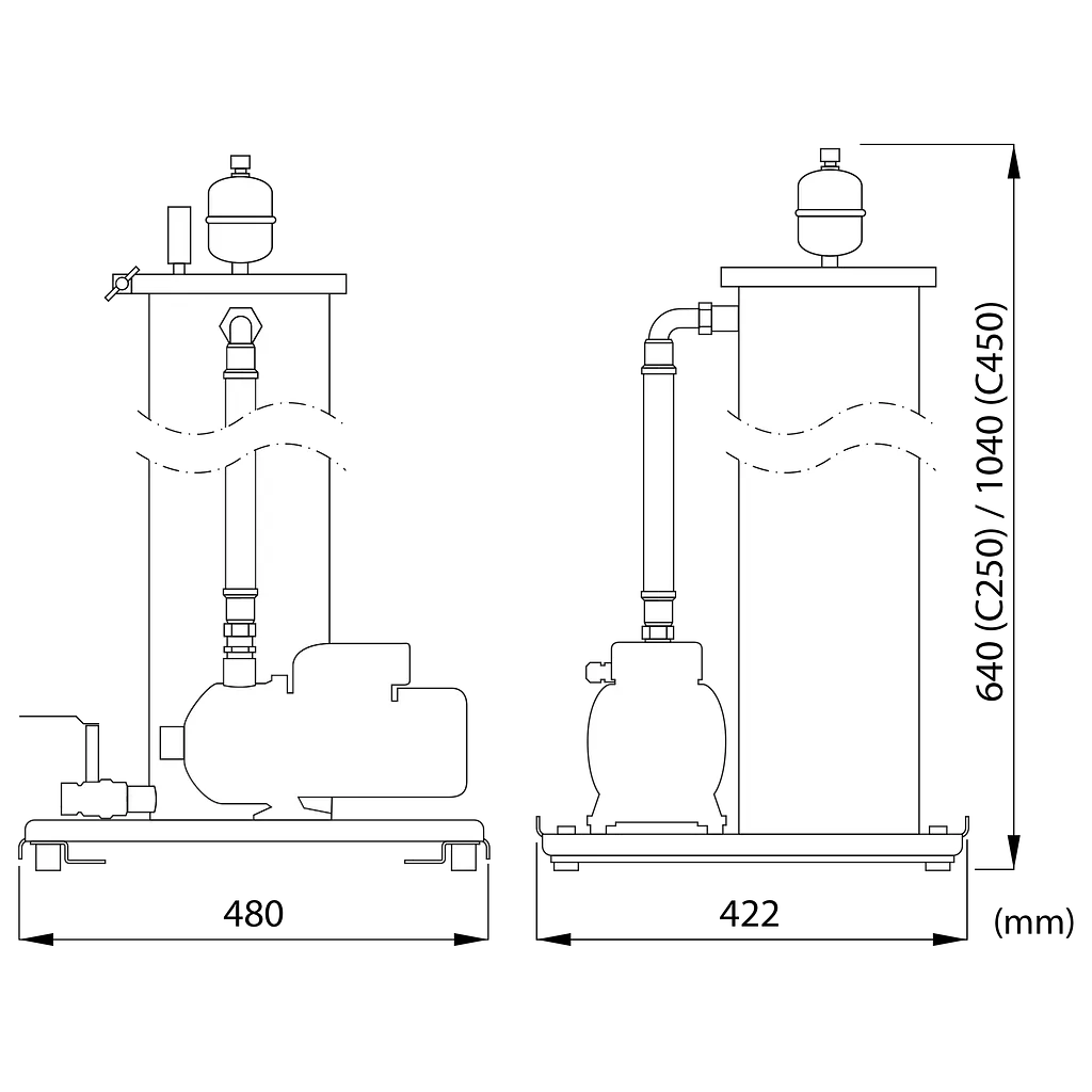 Måttskiss för FiltrX C250 och FiltrX C450