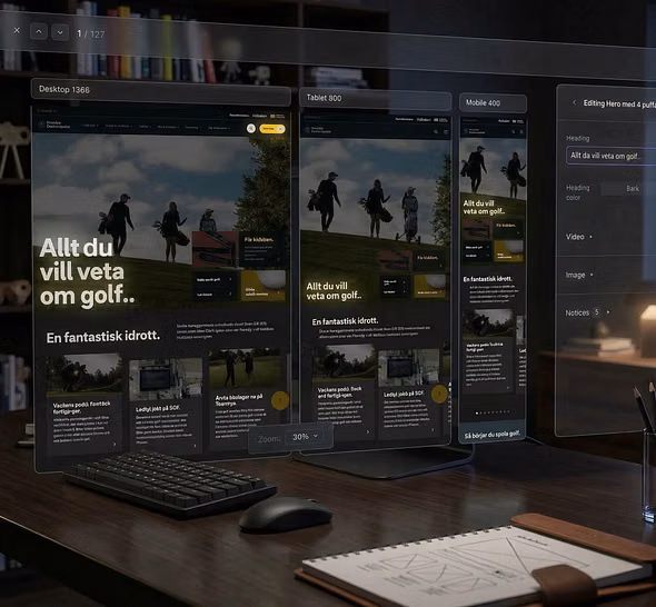 Real-time preview in Strife: a golf website at desktop, tablet and mobile size next to the hero's edit panel