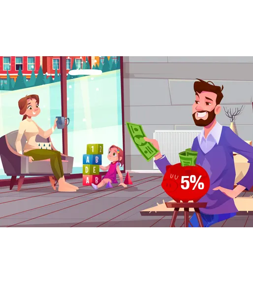 Man med skägg håller upp gröna sedlar bredvid en röd bubbla med "5%" text, medan en kvinna och barn tittar på genom ett fönster.