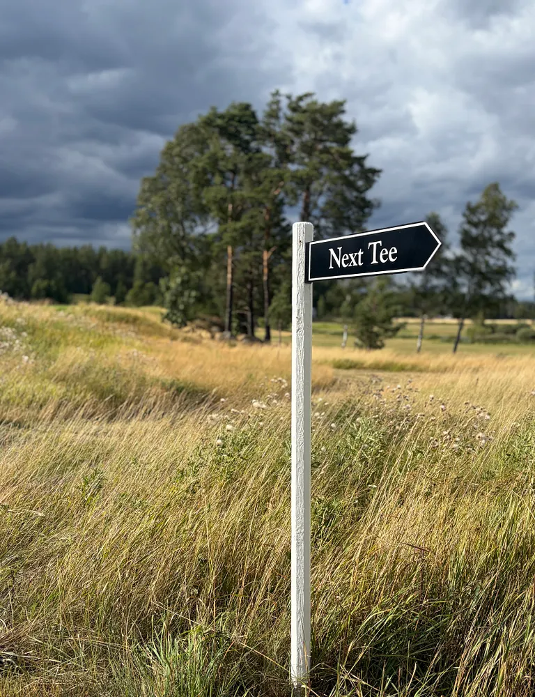 Golfbana med vit stolpe märkt "Next Tee" som pekar åt höger, omgiven av gräs och tallar under molnig himmel.