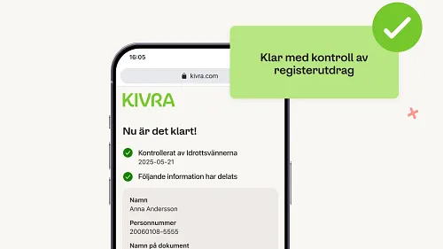 Mobilskärm som visar KIVRA-meddelande med bekräftelse av registreringskontroll