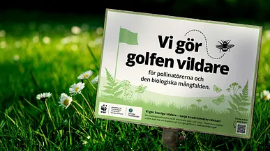 En skylt på en gräsmatta, med texten Vi gör golfen vildare för pollinatörerna och den biologiska mångfalden.